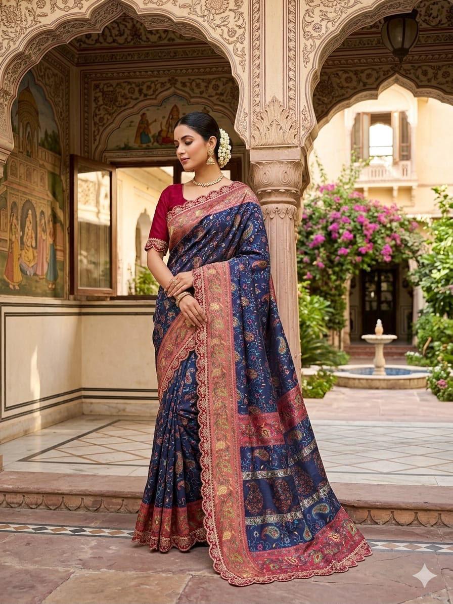 Mustard Yellow and Magenta Dola Banarasi Printed Saree